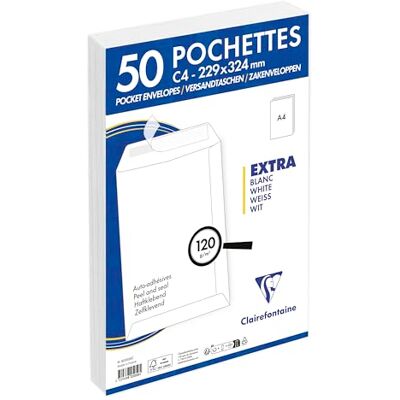 Clairefontaine 825050C – förpackning med 50 fraktpåsar vit C4-229 x 324 mm, självhäftande, 120 g, 1-pack Clairefontaine 825050C – förpackning med 50 fraktpåsar vit C4-229 x 324 mm, självhäftande, 120 g, 1-pack