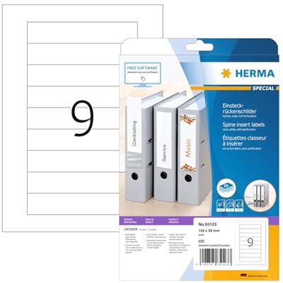 HERMA 65123 insticksryggskyltar för mappar perforerade korta smala, 25 ark, 143 x 28 mm, 9 per A4-ark, 225 stycken, tryckbara, matt, tom kartong, insticksskyltar, ryggskyltar, vit HERMA 65123 insticksryggskyltar för mappar perforerade korta smala, 25 ark, 143 x 28 mm, 9 per A4-ark, 225 stycken, tryckbara, matt, tom kartong, insticksskyltar, ryggskyltar, vit
