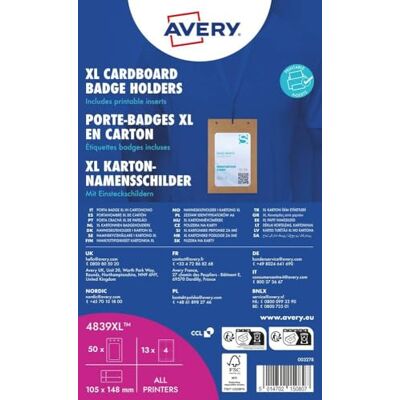 Avery 50 fickor för stora kartongmärken + 52 st utskrivbara mikroperforerade insatser 148 x 105 mm Avery 50 fickor för stora kartongmärken + 52 st utskrivbara mikroperforerade insatser 148 x 105 mm
