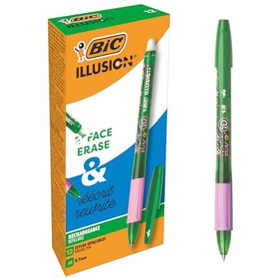 BIC Illusion raderbara och påfyllningsbara kulspetspennor (0,7 mm) – grönt bläck, 12 x låda BIC Illusion raderbara och påfyllningsbara kulspetspennor (0,7 mm) – grönt bläck, 12 x låda