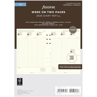 Filofax A5 vecka på två sidor kolumnformat 5 språk bomullskräm 2026 dagbok 26-68513 Filofax A5 vecka på två sidor kolumnformat 5 språk bomullskräm 2026 dagbok 26-68513