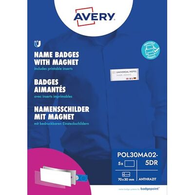 Avery Badgepoint polar30 namnskyltar (70 x 30 mm, 5 skyltar med magnet, vridsäker, med tryckark för namnkort och mallar för tryck, magnetiska namnskyltar för kläder) antracit Avery Badgepoint polar30 namnskyltar (70 x 30 mm, 5 skyltar med magnet, vridsäker, med tryckark för namnkort och mallar för tryck, magnetiska namnskyltar för kläder) antracit