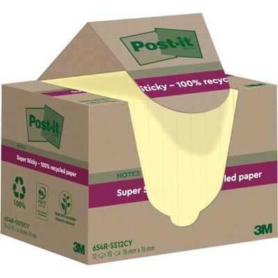 Post-it Super Sticky 100% återvunna anteckningar, Kanariegul, 76 mm x 76 mm, 70 ark/dyna, 12 dynor/förpackning Post-it Super Sticky 100% återvunna anteckningar, Kanariegul, 76 mm x 76 mm, 70 ark/dyna, 12 dynor/förpackning