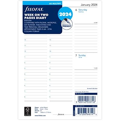 Filofax A5 Vecka på två sidor kolumnformat engelsk 2024 dagbok, vit Filofax A5 Vecka på två sidor kolumnformat engelsk 2024 dagbok, vit