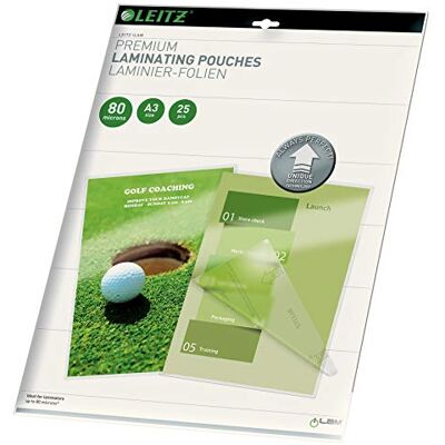 Leitz Varmlamineringsfolier A3 80 mic, lamineringsfilmer i premiumkvalitet i 25-pack, glänsande, transparent, förenklad insättning tack vare UDT, iLAM, 7486000 Leitz Varmlamineringsfolier A3 80 mic, lamineringsfilmer i premiumkvalitet i 25-pack, glänsande, transparent, förenklad insättning tack vare UDT, iLAM, 7486000