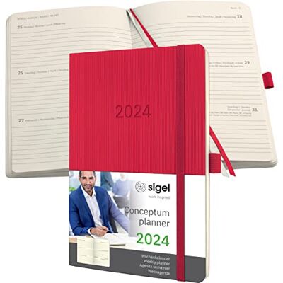 Sigel C2434 Möteskalender veckokalender 2024, ca A5, röd, mjukt lock, 192 sidor, gummiband, pennslinga, arkivväska, PEFC-certifierad, konceptum Sigel C2434 Möteskalender veckokalender 2024, ca A5, röd, mjukt lock, 192 sidor, gummiband, pennslinga, arkivväska, PEFC-certifierad, konceptum