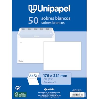 Unipapel Förpackning 50 st vita kuvert i 90 g papper 176 x 231 mm Rak stängning med självhäftande självhäftande självhäftande silikonremsa Enkel öppning FSC-certifierad Perfekt för a4-kort Unipapel Förpackning 50 st vita kuvert i 90 g papper 176 x 231 mm Rak stängning med självhäftande självhäftande självhäftande silikonremsa Enkel öppning FSC-certifierad Perfekt för a4-kort