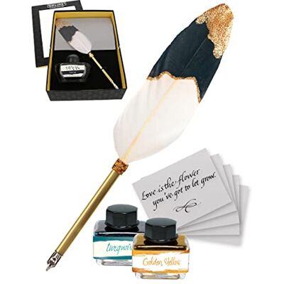 Online Kalligrafi 17129 vintage kalligrafipenna med guld- och turkosbläck, 5 gratulationskort, 1 mm kalligrafi reservoarpenna i presentask, raffinerad gåsfjäder, 17129 Online Kalligrafi 17129 vintage kalligrafipenna med guld- och turkosbläck, 5 gratulationskort, 1 mm kalligrafi reservoarpenna i presentask, raffinerad gåsfjäder, 17129