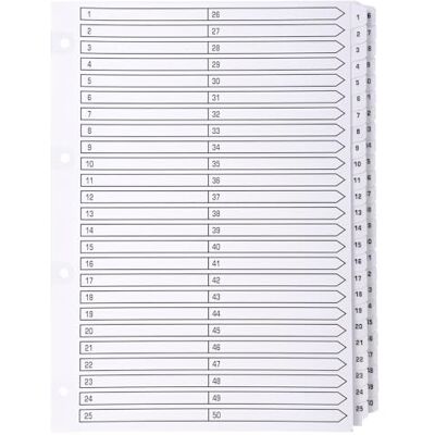 Exacompta MWD1-50Z Kartong med 4 vita avdelare, 160 g/m2 FSC® med 50 digitala tryckta flikar från 1 till 50 och laminerade Utskrivbar indexeringssida A4-arkiveringsformat Exacompta MWD1-50Z Kartong med 4 vita avdelare, 160 g/m2 FSC® med 50 digitala tryckta flikar från 1 till 50 och laminerade Utskrivbar indexeringssida A4-arkiveringsformat
