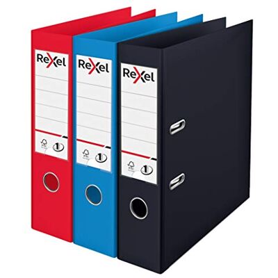 Rexel Choices A4-spakarkiv, 3-pack blandade färger (svart, röd, blå), hållbar plast på brädan, patenterad nr.1 låsmekanism, utbytbara ryggetiketter, ringpärm, kontorsfilorganiserare Rexel Choices A4-spakarkiv, 3-pack blandade färger (svart, röd, blå), hållbar plast på brädan, patenterad nr.1 låsmekanism, utbytbara ryggetiketter, ringpärm, kontorsfilorganiserare