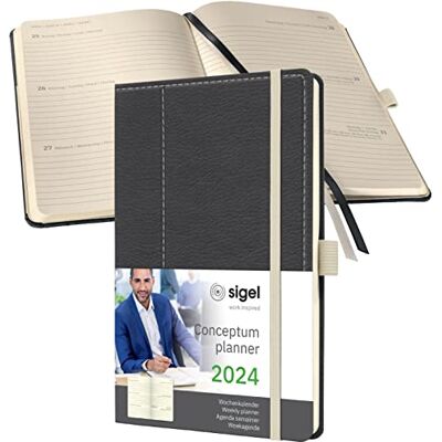 Sigel C2457 Mötesplanerare, veckokalender 2024, läderutseende, ca A5, mörkgrå/vit, inbundet skydd, 192 sidor, gummiband, pennslinga, arkivväska, PEFC-certifierad, koncept Sigel C2457 Mötesplanerare, veckokalender 2024, läderutseende, ca A5, mörkgrå/vit, inbundet skydd, 192 sidor, gummiband, pennslinga, arkivväska, PEFC-certifierad, koncept