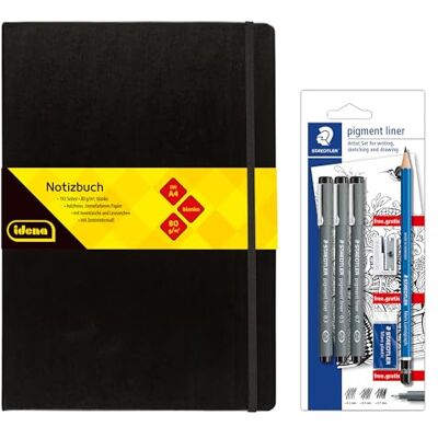Idena 90338 – Anteckningsbok DIN A4 med 192 sidor, tom, inkl. STAEDTLER Artist set med 3 pigmentfoder, en blyertspenna, pennvässare och suddgummi Idena 90338 – Anteckningsbok DIN A4 med 192 sidor, tom, inkl. STAEDTLER Artist set med 3 pigmentfoder, en blyertspenna, pennvässare och suddgummi