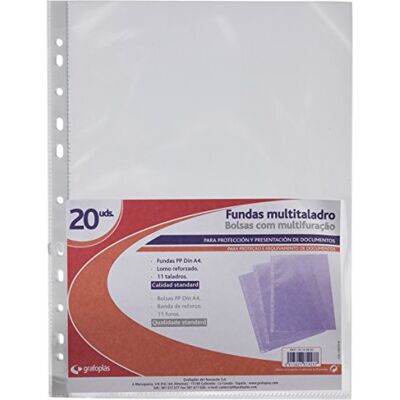 Grafoplás Grafoplas 78149800. Väska med 20 A4-fodral Transparent, Polypropylen Vanligt Standard, A4-storlek, 11 perforeringar Grafoplás Grafoplas 78149800. Väska med 20 A4-fodral Transparent, Polypropylen Vanligt Standard, A4-storlek, 11 perforeringar