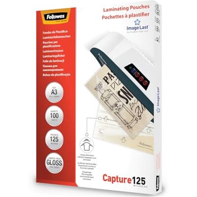 Fellowes A3 lamineringspåsar, glans, 250 mikron (2 x 125 mikron) med bild senaste riktade kvalitetsmärke – paket med 100, transparent Fellowes A3 lamineringspåsar, glans, 250 mikron (2 x 125 mikron) med bild senaste riktade kvalitetsmärke – paket med 100, transparent