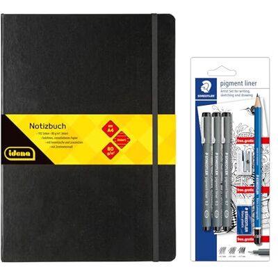 Idena 90341 – Anteckningsbok DIN A4 med 192 sidor, linjerad, inklusive STAEDTLER Artist set med 3 pigmentfoder, en blyertspenna, pennvässare och suddgummi Idena 90341 – Anteckningsbok DIN A4 med 192 sidor, linjerad, inklusive STAEDTLER Artist set med 3 pigmentfoder, en blyertspenna, pennvässare och suddgummi