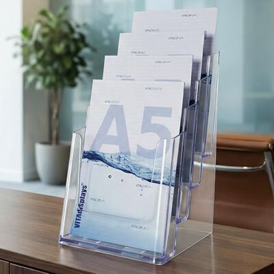 VITAdisplays ® DIN A5 broschyrstativ med 4 våningar, transparent (NE-164) VITAdisplays ® DIN A5 broschyrstativ med 4 våningar, transparent (NE-164)