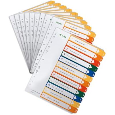 Leitz index för A4, 10-pack, PC-skrivbart försättsblad och 12 skiljeblad, flikar med nummertryck 1-12, överbredd, vit/flerfärgad, polypropen, 1294000 Leitz index för A4, 10-pack, PC-skrivbart försättsblad och 12 skiljeblad, flikar med nummertryck 1-12, överbredd, vit/flerfärgad, polypropen, 1294000