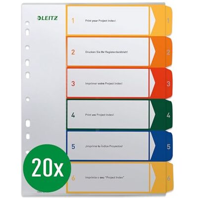 Leitz Plastregister tryckbart, 20-pack, A4, PP, 6 ark, färg, 1920000 Leitz Plastregister tryckbart, 20-pack, A4, PP, 6 ark, färg, 1920000