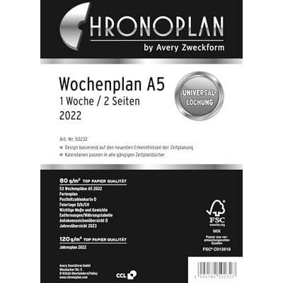Avery Chronoplan 50232 kalenderinlägg 2022, veckoplan i A5-format (148 x 210 mm), dagar i kolumner, ersättningskalender, perfekt för detaljerad veckoplanering, multilockning (1 vecka på 2 sidor), vit Avery Chronoplan 50232 kalenderinlägg 2022, veckoplan i A5-format (148 x 210 mm), dagar i kolumner, ersättningskalender, perfekt för detaljerad veckoplanering, multilockning (1 vecka på 2 sidor), vit