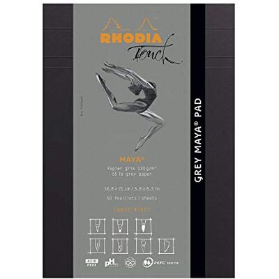 Rhodia TOUCH 116107C – Block Gray Maya Pad A5 ny linjal Cross'N'Dot – 50 ark – Clairefontaine Maya grått papper 120 g/m – för kalligrafi och exakt ritning med penna, foder, penna Rhodia TOUCH 116107C – Block Gray Maya Pad A5 ny linjal Cross'N'Dot – 50 ark – Clairefontaine Maya grått papper 120 g/m – för kalligrafi och exakt ritning med penna, foder, penna