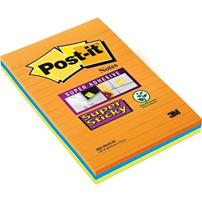 Post-it Super Sticky Notes, Boost Färgsamling, fodrad, 101 mm x 152 mm, 45 ark/dyna, 3 dynor självhäftande anteckningar för anteckningar, att göra-listor och påminnelser Post-it Super Sticky Notes, Boost Färgsamling, fodrad, 101 mm x 152 mm, 45 ark/dyna, 3 dynor självhäftande anteckningar för anteckningar, att göra-listor och påminnelser