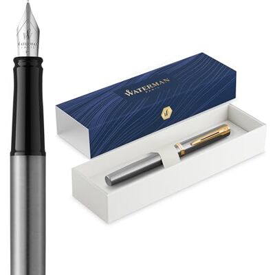 Waterman Impression fyllepenn Medium spets med blått bläckpatron Rostfritt stål med guldbelagd kant Presentask Waterman Impression fyllepenn Medium spets med blått bläckpatron Rostfritt stål med guldbelagd kant Presentask