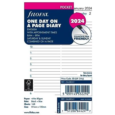 Filofax Kalenderdagbok, påfyllning, fickstorlek, dag på en sida med möten, linjerat, vitt papper, engelska, 2024 (C68241-24) Filofax Kalenderdagbok, påfyllning, fickstorlek, dag på en sida med möten, linjerat, vitt papper, engelska, 2024 (C68241-24)