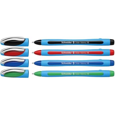 Schneider 75020 Slider Memo XB kulspetspenna (med huva, linjetjocklek: XB, skrivfärg: röd/svart/blå/grön) 4-pack Schneider 75020 Slider Memo XB kulspetspenna (med huva, linjetjocklek: XB, skrivfärg: röd/svart/blå/grön) 4-pack