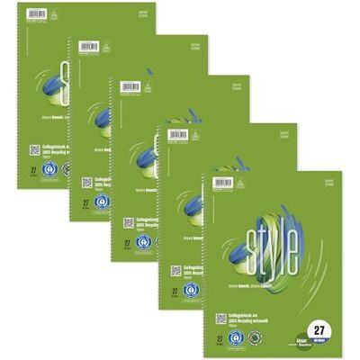 Staufen Green Collegeblock – DIN A4, linjering 27 (9 mm linjerat med kantlinjer), 80 ark, 4-hålsstansning, premiumvit 70 g/m² återvunnet papper, 5 stycken Staufen Green Collegeblock – DIN A4, linjering 27 (9 mm linjerat med kantlinjer), 80 ark, 4-hålsstansning, premiumvit 70 g/m² återvunnet papper, 5 stycken