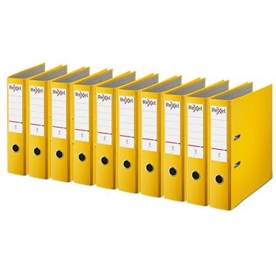 Rexel A4 arkivmappar, gula arkiveringsmappar av polypropen, hållbar PP eco 75 mm ryggrad rymmer upp till 500 ark, för A4-dokumentförvaring och daglig arkivering, paket med 10 Rexel A4 arkivmappar, gula arkiveringsmappar av polypropen, hållbar PP eco 75 mm ryggrad rymmer upp till 500 ark, för A4-dokumentförvaring och daglig arkivering, paket med 10