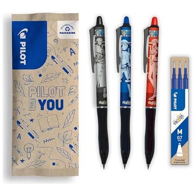PILOT X ONE PIECE Frixion Ball Plus 3 set, svart, blå, röd + 1 set med 3 blå påfyllningar + 4 klistermärken raderbara pennor One Piece begränsad upplaga återvunnen plast medium spets PILOT X ONE PIECE Frixion Ball Plus 3 set, svart, blå, röd + 1 set med 3 blå påfyllningar + 4 klistermärken raderbara pennor One Piece begränsad upplaga återvunnen plast medium spets