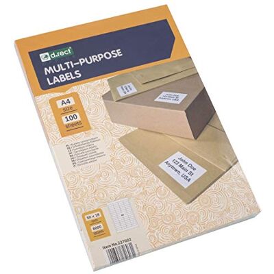 D.RECT självhäftande etiketter universaletiketter (50 x 18 mm på DIN A4) självhäftande 100 ark/förpackning 65 etiketter/blad 6 500 stycken vita D.RECT självhäftande etiketter universaletiketter (50 x 18 mm på DIN A4) självhäftande 100 ark/förpackning 65 etiketter/blad 6 500 stycken vita