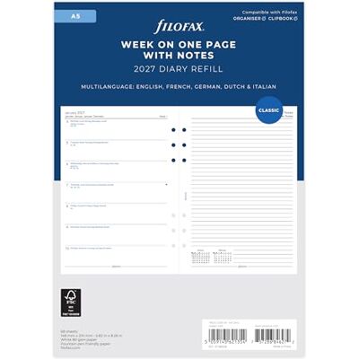 Filofax A5 Vecka på en sida med anteckningar 2027 dagbok 27-68509 Filofax A5 Vecka på en sida med anteckningar 2027 dagbok 27-68509