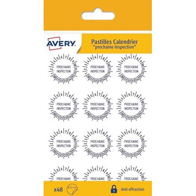 Avery väska med 48 tabletter "Nästa inspektion" + 12 månader + år 20 till 25, ultrabeständigt inbrottsmaterial, 25 mm diameter (VAL25NP) Avery väska med 48 tabletter "Nästa inspektion" + 12 månader + år 20 till 25, ultrabeständigt inbrottsmaterial, 25 mm diameter (VAL25NP)
