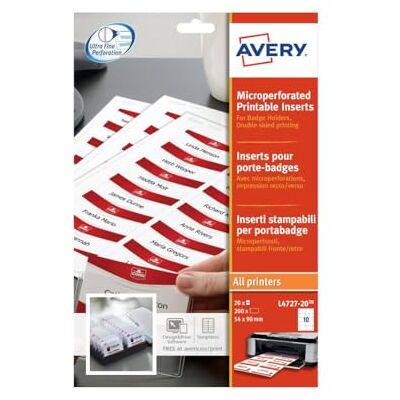 Avery L4727-20 utskrivbara namnbricka påfyllningar (90 x 54 mm inlägg) – vit, förpackning med 200 Avery L4727-20 utskrivbara namnbricka påfyllningar (90 x 54 mm inlägg) – vit, förpackning med 200
