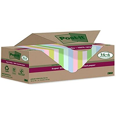 Post-it Superklibbiga 100% återvunna anteckningar, paket med 14 + 4 gratis dynor, 70 ark per dyna, 76 mm x 76 mm, rosa, grön, blå, lila, gul – extra klisterlappar gjorda av 100% återvunnet papper Post-it Superklibbiga 100% återvunna anteckningar, paket med 14 + 4 gratis dynor, 70 ark per dyna, 76 mm x 76 mm, rosa, grön, blå, lila, gul – extra klisterlappar gjorda av 100% återvunnet papper