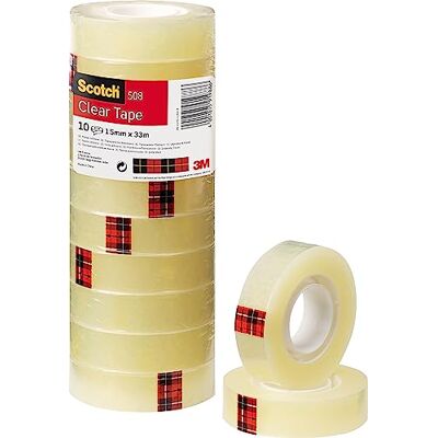 Scotch Transparent tejp 508 – 10 rullar – 15 mm x 33 m – allmänt bruk genomskinlig tejp för skolan, hem och kontor Scotch Transparent tejp 508 – 10 rullar – 15 mm x 33 m – allmänt bruk genomskinlig tejp för skolan, hem och kontor