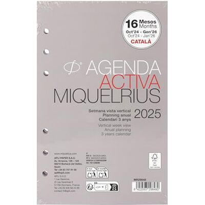 Miquelrius Årlig planersättning 2025, 16 månader, veckovy, horisontell planeringskalender, aktiv storlek 117 x 182 mm, Agenda ersättning 6 ringar, katalanska, portugisiska och engelska Miquelrius Årlig planersättning 2025, 16 månader, veckovy, horisontell planeringskalender, aktiv storlek 117 x 182 mm, Agenda ersättning 6 ringar, katalanska, portugisiska och engelska