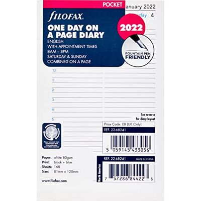 Filofax Pocket Day per sida engelska möten dagbok 2022, 22-68241 Filofax Pocket Day per sida engelska möten dagbok 2022, 22-68241