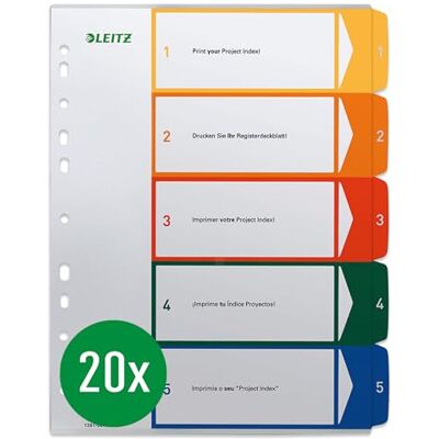 Leitz index för A4, 20-pack, PC-skrivbart försättsblad och 5 skiljeblad, flikar med nummertryck 1-5, överbredd, vit/flerfärgad/transparent, polypropen, 1291000 Leitz index för A4, 20-pack, PC-skrivbart försättsblad och 5 skiljeblad, flikar med nummertryck 1-5, överbredd, vit/flerfärgad/transparent, polypropen, 1291000