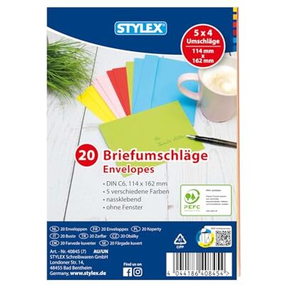Stylex 40845-P5 – färgade kuvert DIN C6, 5 x 20 stycken våttransporterande, 80 g/m² papper i 5 djärva färger, utan fönster Stylex 40845-P5 – färgade kuvert DIN C6, 5 x 20 stycken våttransporterande, 80 g/m² papper i 5 djärva färger, utan fönster
