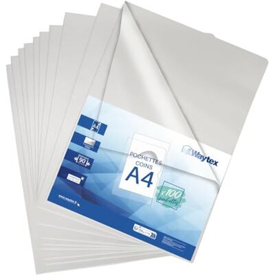 Waytex Set med 100 genomskinliga genomskinliga A4-hörnfickor på 90 mikron, höghållfasta L-plastmappar med enkel öppning för arkivering och presentation av dokument Waytex Set med 100 genomskinliga genomskinliga A4-hörnfickor på 90 mikron, höghållfasta L-plastmappar med enkel öppning för arkivering och presentation av dokument