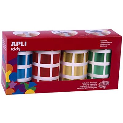 APLI Kids 18327 Förpackning med 20 mm blå, röda, gula och gröna fyrkantiga metalliska klistermärken roll 4 u APLI Kids 18327 Förpackning med 20 mm blå, röda, gula och gröna fyrkantiga metalliska klistermärken roll 4 u