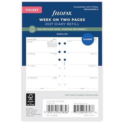 Filofax Pocket Week på två sidor engelskt återvunnet papper 2027 dagbok 27-68221R Filofax Pocket Week på två sidor engelskt återvunnet papper 2027 dagbok 27-68221R