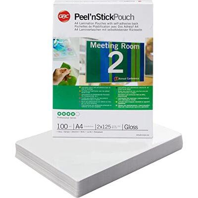GBC självhäftande lamineringsfolier A4 125 mic, Peel'nStick, robusta lamineringsväskor i 100-pack, glänsande, transparent, perfekt för kontor och skola, 3747243 GBC självhäftande lamineringsfolier A4 125 mic, Peel'nStick, robusta lamineringsväskor i 100-pack, glänsande, transparent, perfekt för kontor och skola, 3747243