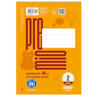 Staufen premio spiralblock – 5 collegeblock vardera, 40 ark, DIN A5, linjering 2 (4/4/4 mm linjerat), 90 g/m² återvunnet papper Staufen premio spiralblock – 5 collegeblock vardera, 40 ark, DIN A5, linjering 2 (4/4/4 mm linjerat), 90 g/m² återvunnet papper