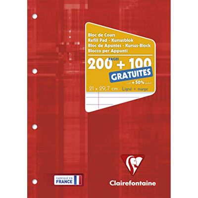 Clairefontaine 65818C Un Bloc de Cours Encollé Perforé Rouge Framboise A4 21x29,7cm 300 Pages (200 + 100 gratuites) Lignées avec Marge et Perforé 4 Trous Papier 90g Couverture Carte Pelliculée Clairefontaine 65818C Un Bloc de Cours Encollé Perforé Rouge Framboise A4 21x29,7cm 300 Pages (200 + 100 gratuites) Lignées avec Marge et Perforé 4 Trous Papier 90g Couverture Carte Pelliculée