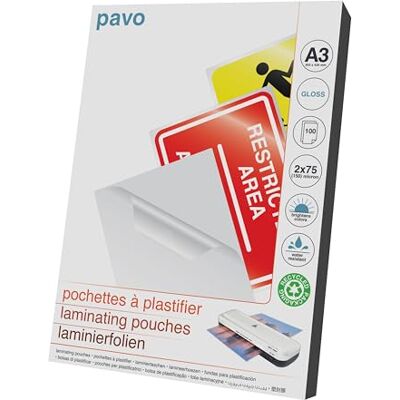 Pavo A3 lamineringspåse 2x75/80 Mikron, glans, paket med 100 ark Pavo A3 lamineringspåse 2x75/80 Mikron, glans, paket med 100 ark