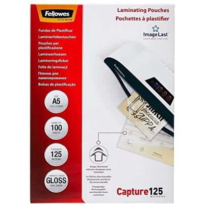 Fellowes A5 lamineringspåsar – glansig finish – 100 ark, 250 mikron (2 x 125 mikron) högkvalitativ finish med bild sista riktningen kvalitetsmärkning – perfekt för foton, meddelanden och daglig användning Fellowes A5 lamineringspåsar – glansig finish – 100 ark, 250 mikron (2 x 125 mikron) högkvalitativ finish med bild sista riktningen kvalitetsmärkning – perfekt för foton, meddelanden och daglig användning