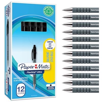 Paper Mate Flexgrip Ultra Kulspetspennor med tryckknapp Mediumspets (1,0 mm) Svart 12 stycken Paper Mate Flexgrip Ultra Kulspetspennor med tryckknapp Mediumspets (1,0 mm) Svart 12 stycken